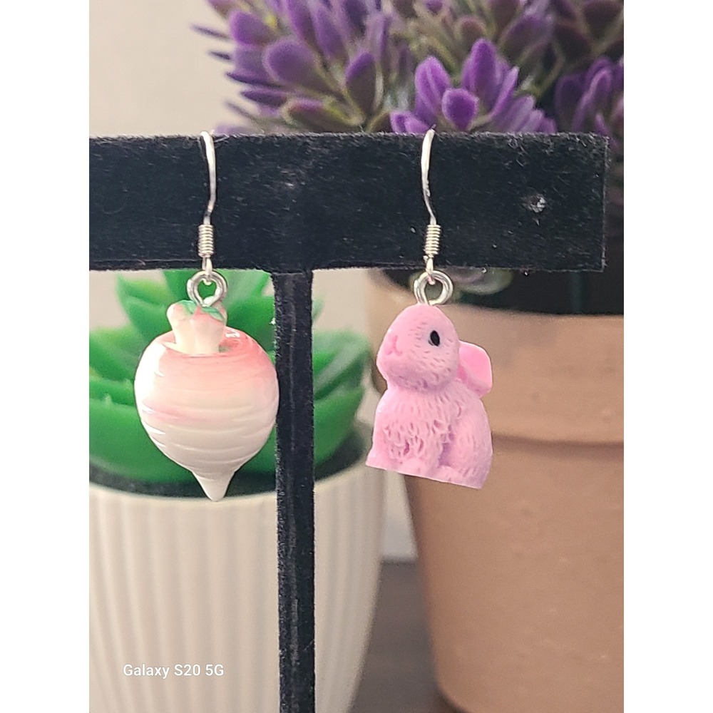 Handmade‎ Cute Pink Bunny Radish Dangle Earrings NEW Garden Jewelry Women